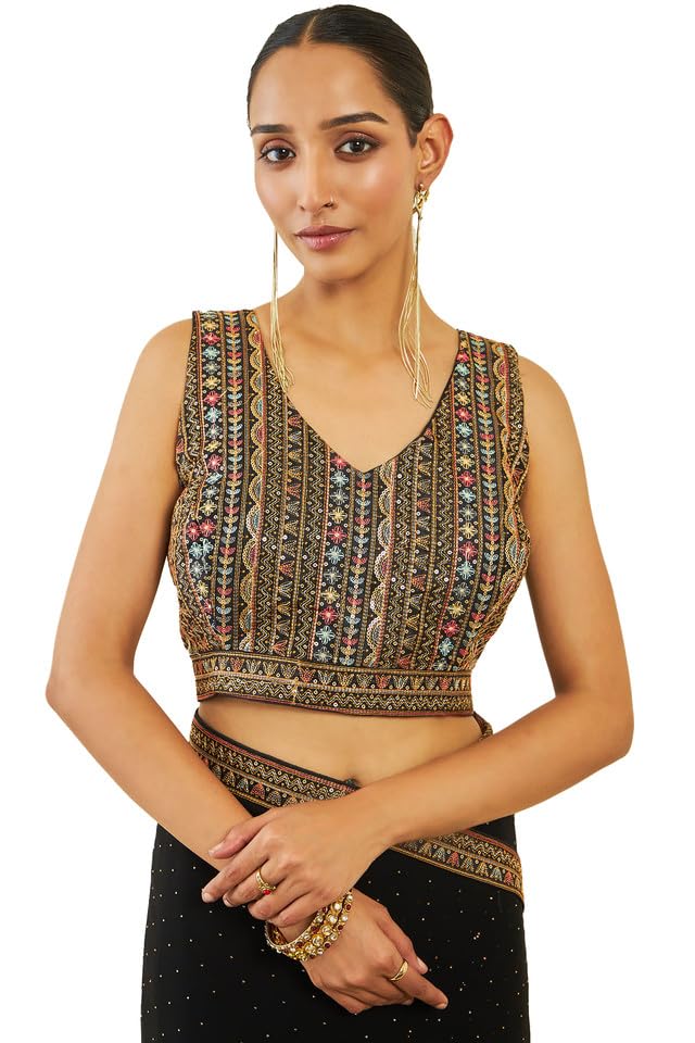 Soch Womens Black Georgette Saree With Stones And Embroidery