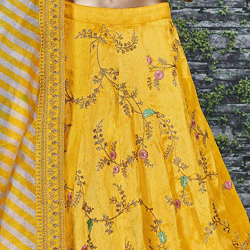 Zeel Clothing Yellow Floral Embroidered Art Silk Semi Stitched Lehenga Choli for Women (7025-Yellow-New-Wedding-Lehenga; Free)