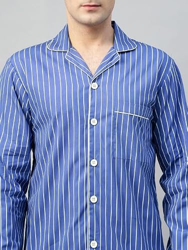 Hancock Men Cotton Printed Night Suit Blue & White Size L