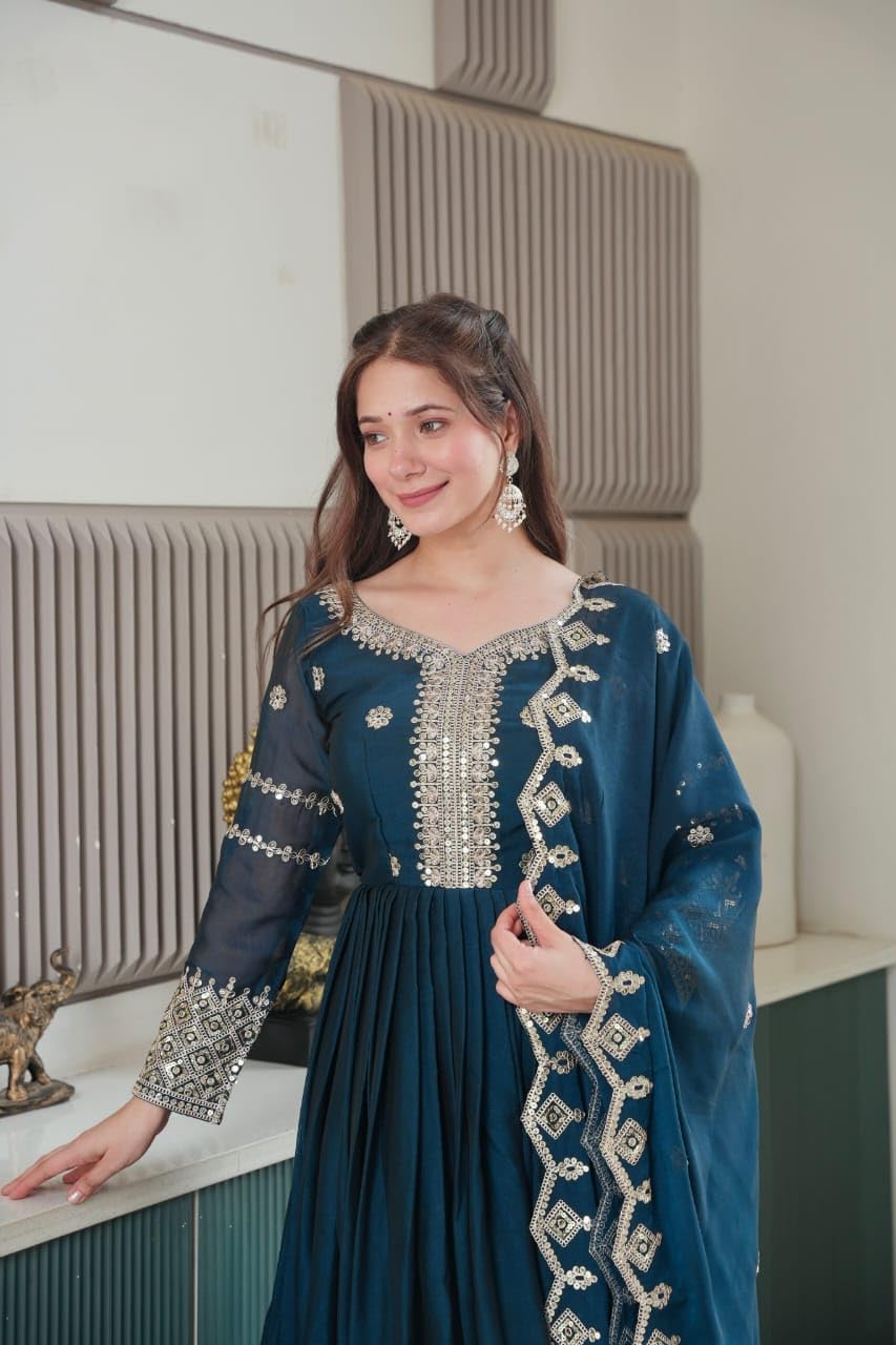 Women's Solid Embroidery Work Crush Silk Gown with Dupatta Long Sleeves and Round Neck Most Beautiful Havy Gown for Party | Wedding | Diwali |Any Occasion (in, Alpha, M, Regular, Women, Rama)