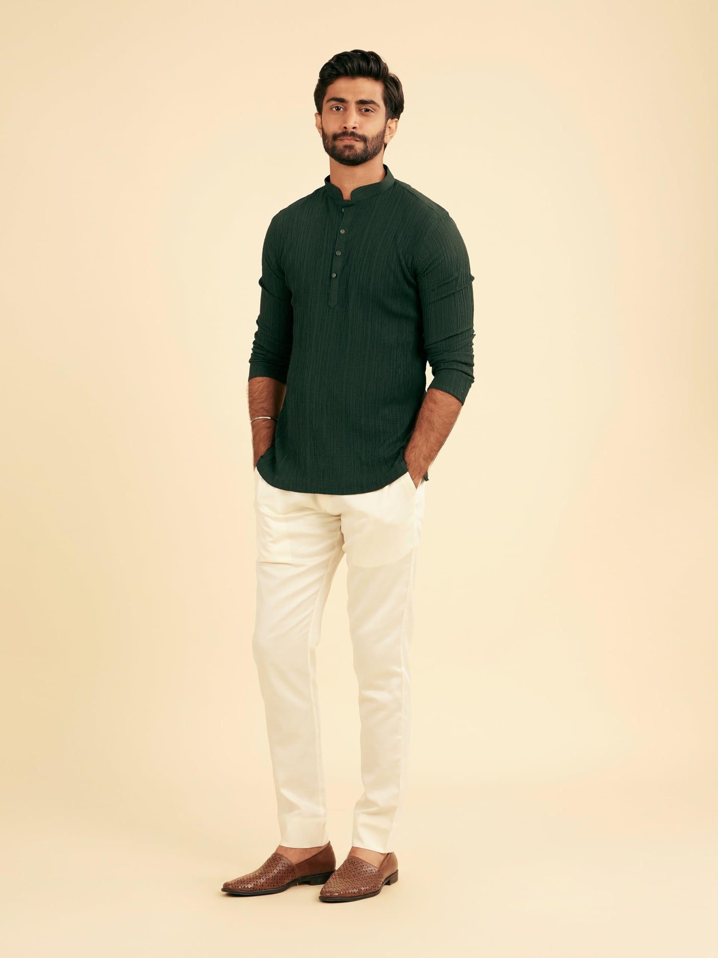 Manyavar Men's Spandex Textured Short Kurta (Dark Green,XXL)