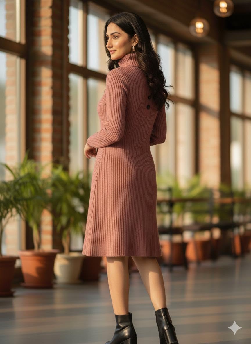 PatolaSwag Women’s Winter Knitted Warm High-Neck Knee-Length Dress – Peach Soft Ribbed Sweater Dress for Party, Office, Casual & Outing Wear (in, Alpha, M, Regular, Standard, Peach)