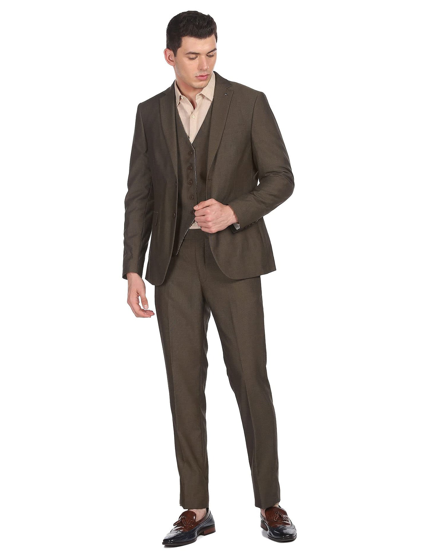 Arrow Polyester Men Brown Tailored Regular Fit Three Piece Suit Business Pants Set (ARADSU5556 44)