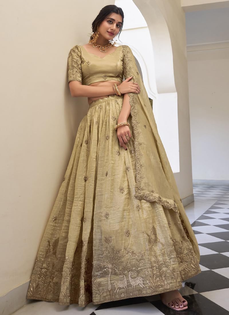 JIHU CULTURE Beige Silk Thread Sequence Embroidery Work Semi-Sttiched Lehenga Choli Set For Women