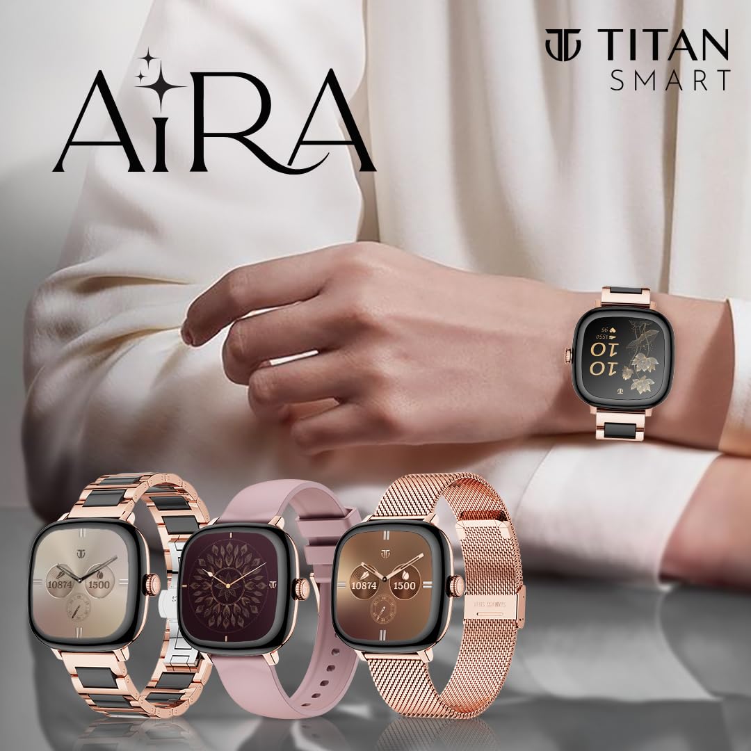 Titan AiRA 1.70" AMOLED Metal Case Square Display Smart Watch with Silicone Strap Stress Monitoring, 1000 Nits, Functional Crown, AI Enabled, IP68 Water Resistant Upto 7 Days Battery Life - Rose Gold
