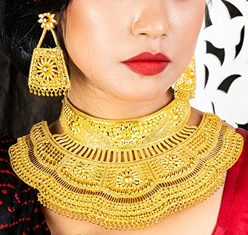 MANIKYA Bridal Wedding Traditional Trendy 24Ct Gold Plated Bridal Choker With Earrings Necklace Set For Women And Girls.. (Design 4).
