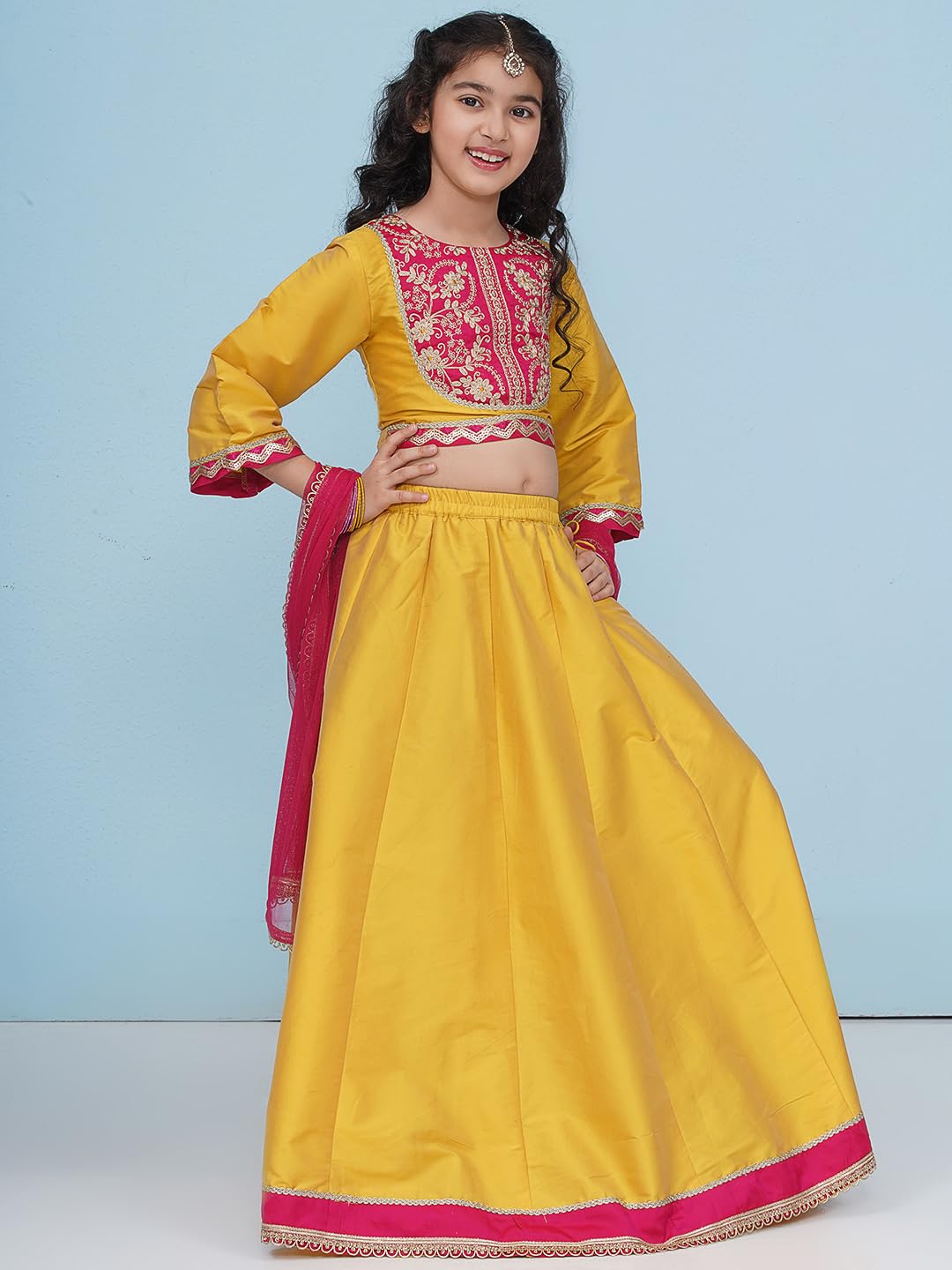 Bitiya by Bhama Girls Boho Design Yellow Pink Embroidered Choli & Ready to Wear Lehenga With Dupatta.