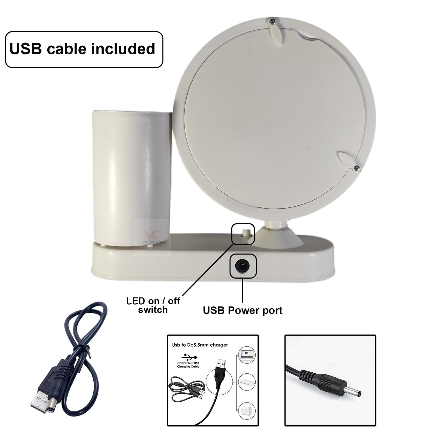 VK VENTURE Plastic Customized Round LED Magic Mirror Photo Frame Tabletop with Pen Stand Personalized LED Light Picture Frame for Desk Gifts (warm white Light Round Shaped) 18 x 18 cm