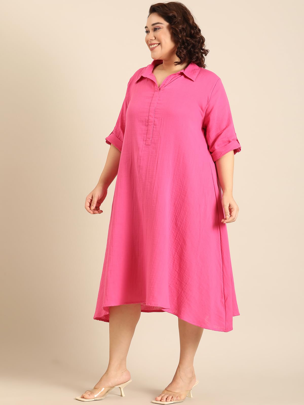 the PINK MOON Women's Plus Pink A-Line Shirt Dress (DRS CH PNKDC 2XL)