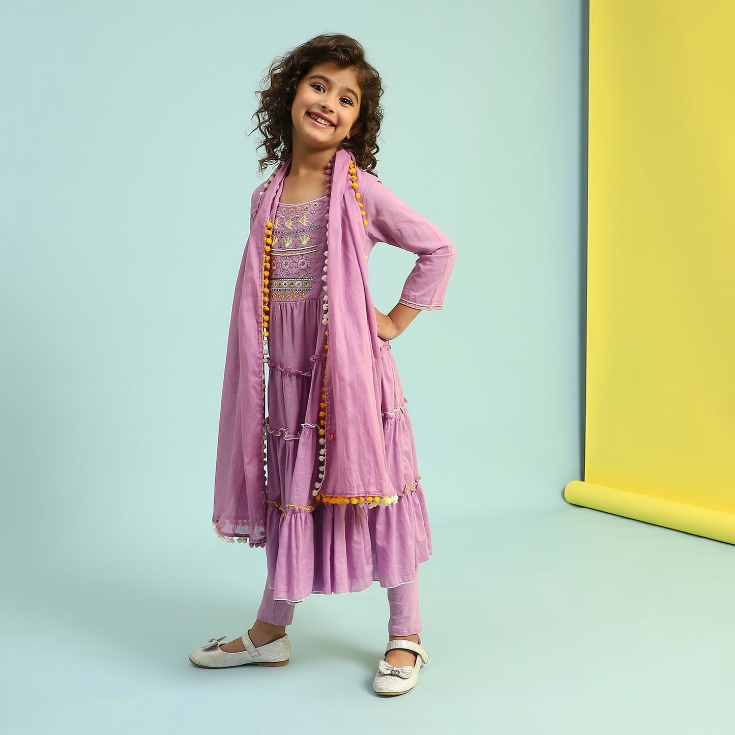 BIBA Girls Violet Tiered Cotton Solid Kurta suit set