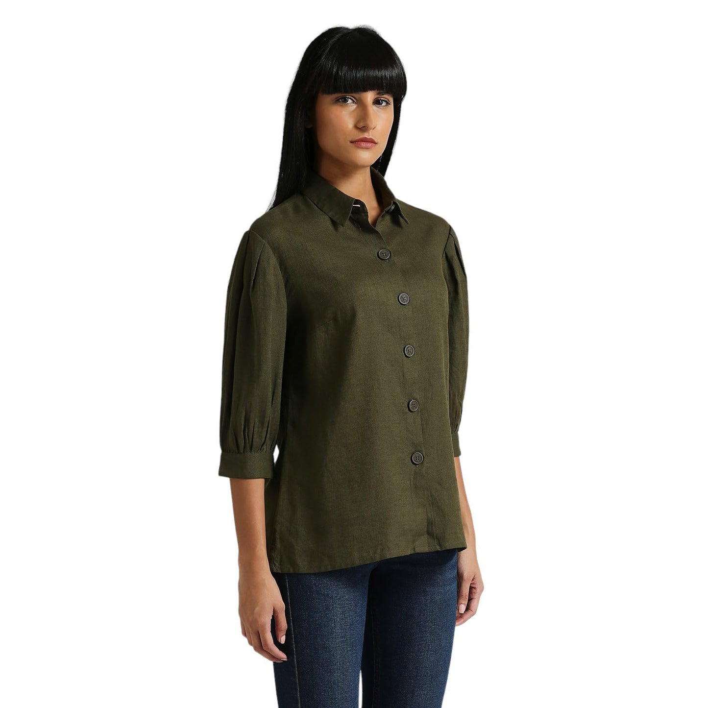 Pepe Jeans Women's Solid Relaxed Fit Shirt (PL304917_Olive Green