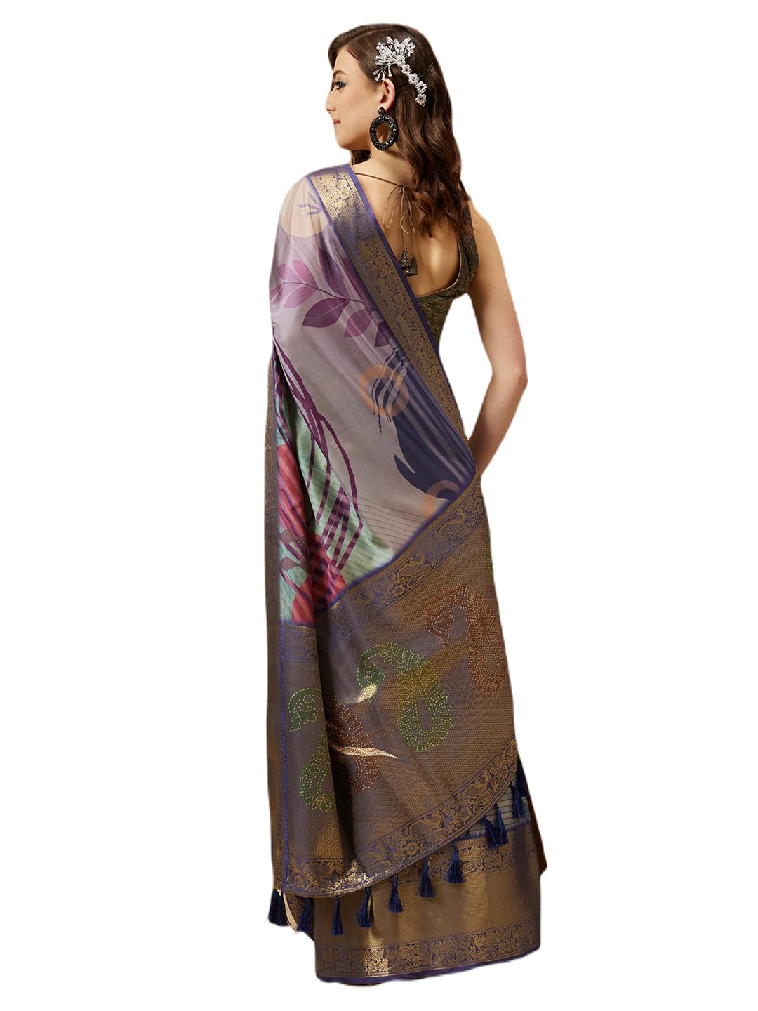 Enthone Womens Banarasi Tusser Soft Silk Digital Print Zari Woven Saree, Multicolour