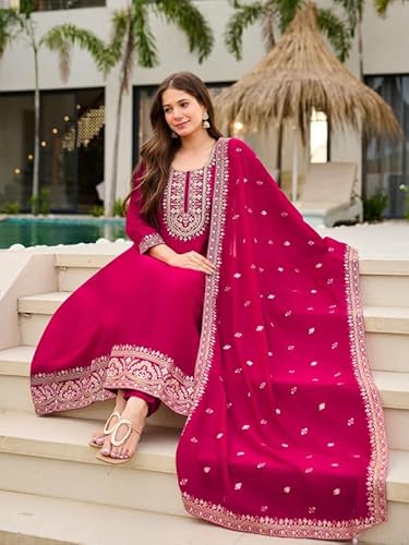 AVYUKTHA | Women Ethnic Motifs Embroidered Panelled Kurta with Trors & With Dupatta | Pink | Size- S