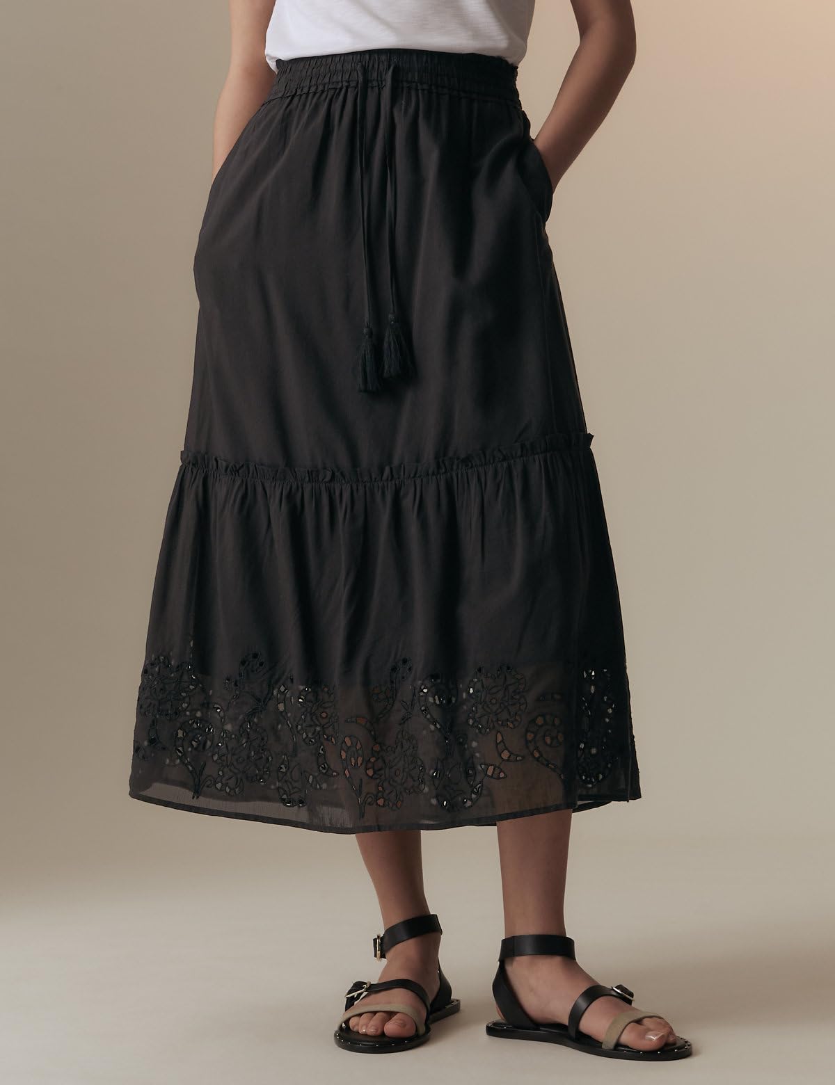 Marks & Spencer Cotton Rich Broderie Midaxi Tiered Skirt Black