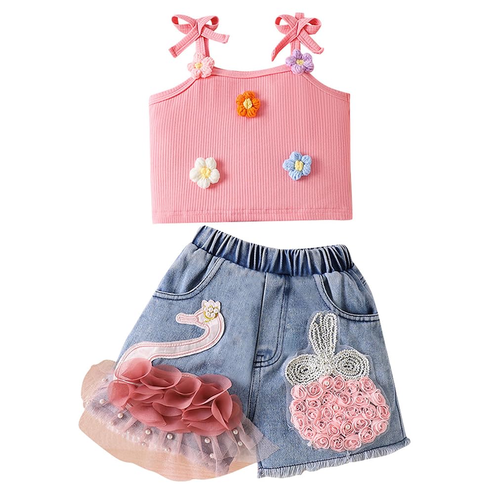 Hopscotch Girls Embellished Print Sleeveless Pink Short Set