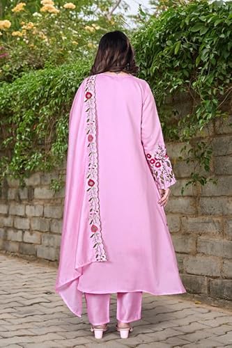 AVYUKTHA | Women Floral Embroidered Tiered Kurta with Palazzos & Dupatta | Thread Work Ethnic Set for Festive, Casual & Party Pink, Size- M