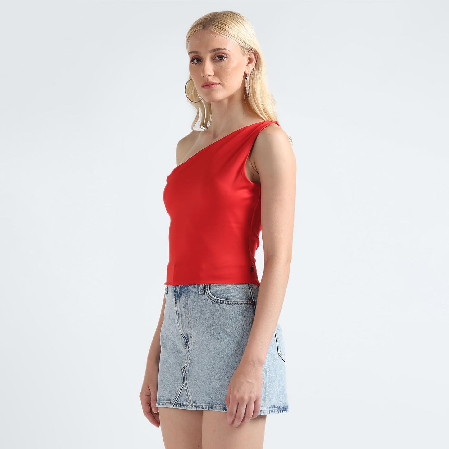 Tommy Hilfiger Polyester Red Solid One Shoulder One Shoulder Women Asymetric Top (L)