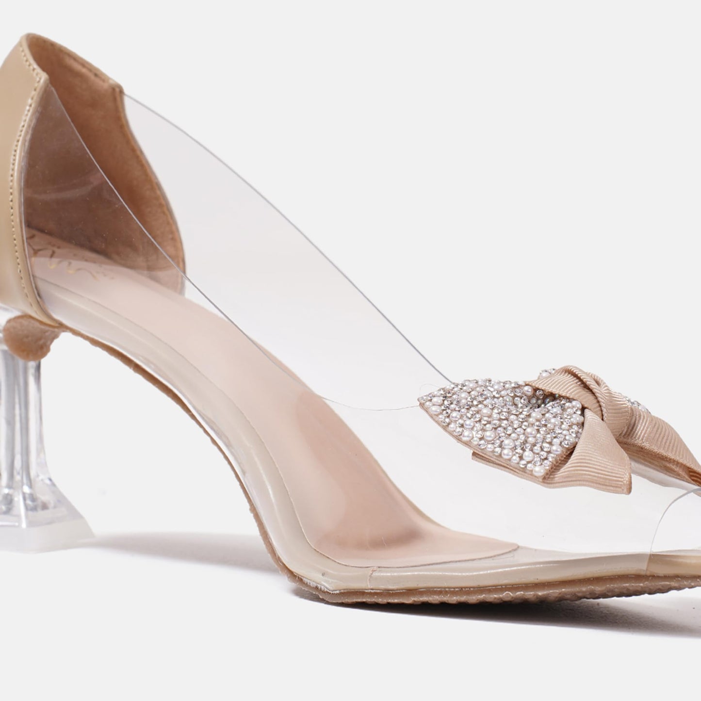 JM LOOKS Women's Transparent Pointed Peep Toe Kitten Heels with Embellished Bow | Slip-On Sandals Wedding Party Events - Beige