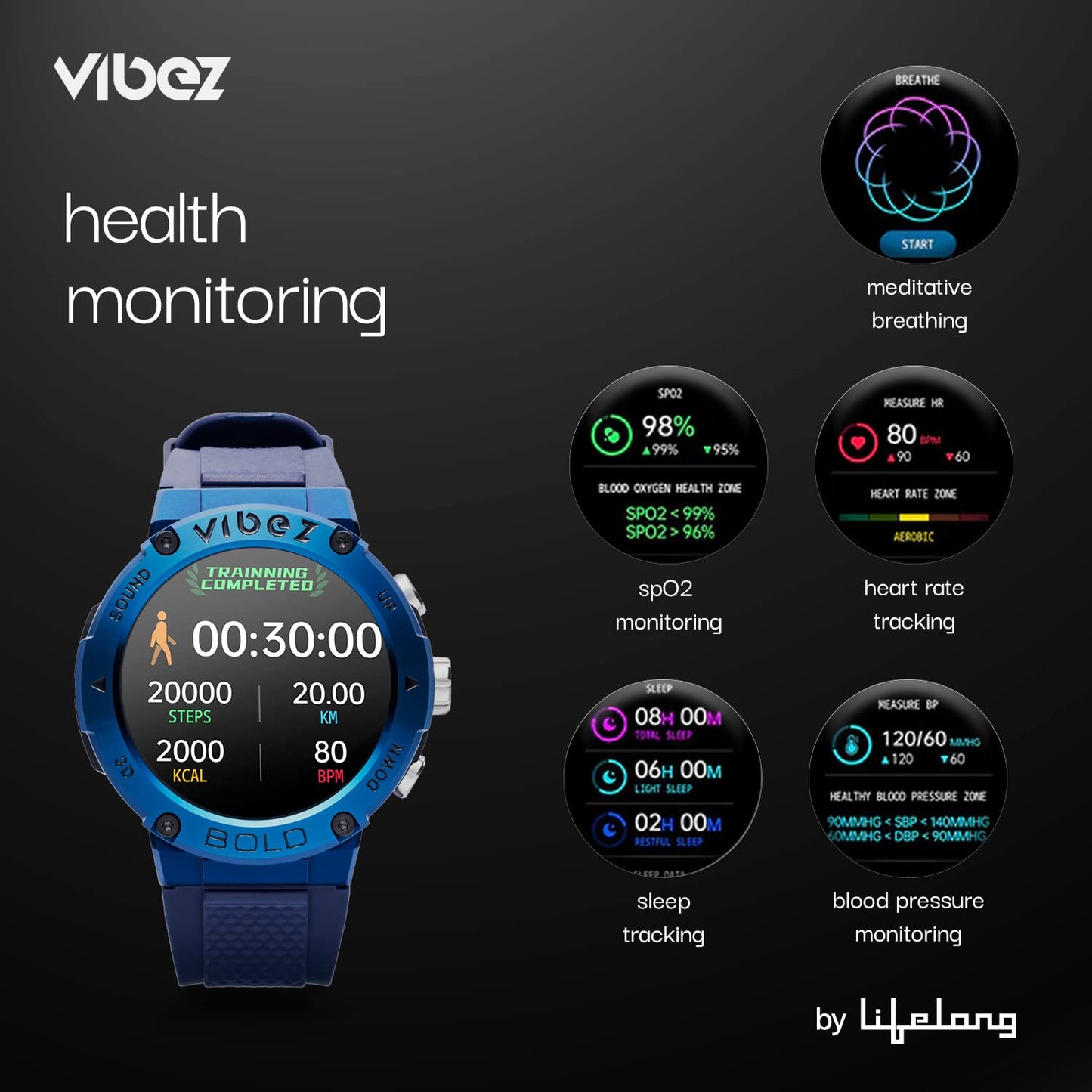 Vibez by Lifelong Bold Smartwatch For Men Bluetooth Calling 1.32" HD Display|24x7 Heart Rate & Blood Oxygen Tracking|Sports Mode|IP67|Sleep Monitor|7 days Battery Backup(VBSWM99, 1 Year Manufacturer Warranty, Blue)