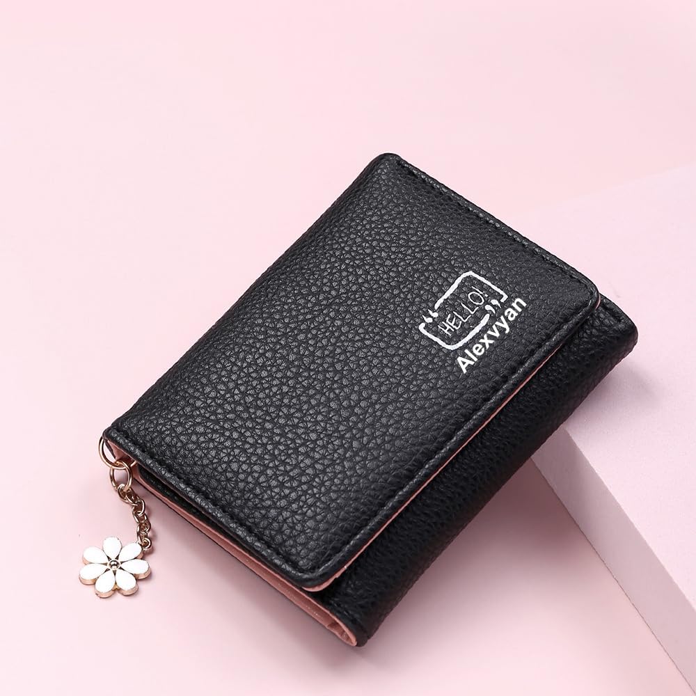 Alexvyan Black Hello Small Tri-Fold Women's Purse Wallet Card Organizer Female Hand Purse Clutch Women/Ladies/Girls Wallets 5 Card Holder 1 Long & 1 Small Pocket