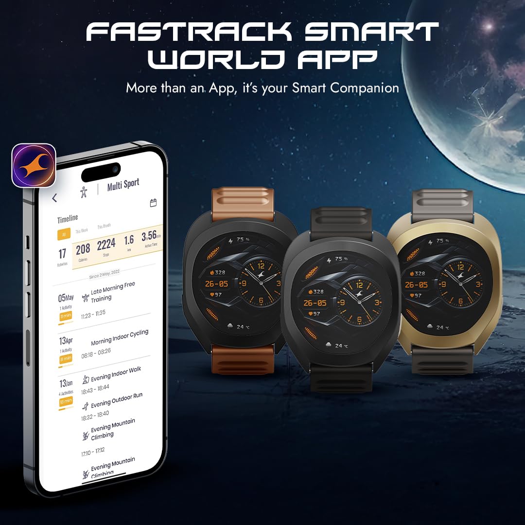 Fastrack Cosmix 1.32" AMOLED Display Metal Case Smart Watch with Heart Rate Monitor,AI Watchface & Chat,Push Button Interactions,BT Calling,IP68 Water Resistant Upto 5 Days Battery Life -Granite Grey