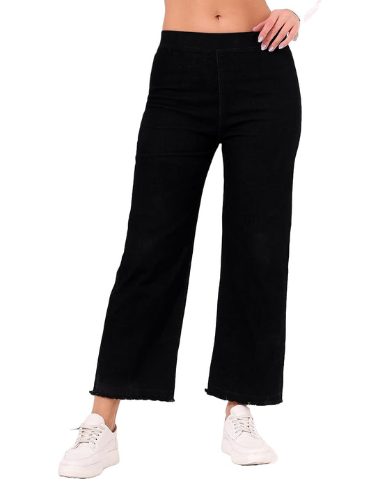 HIGHTEN Women’s Black Wide Leg Elastic Waist Jeans | High Rise Loose Fit Stretch Denim Pants Without Belt Loops