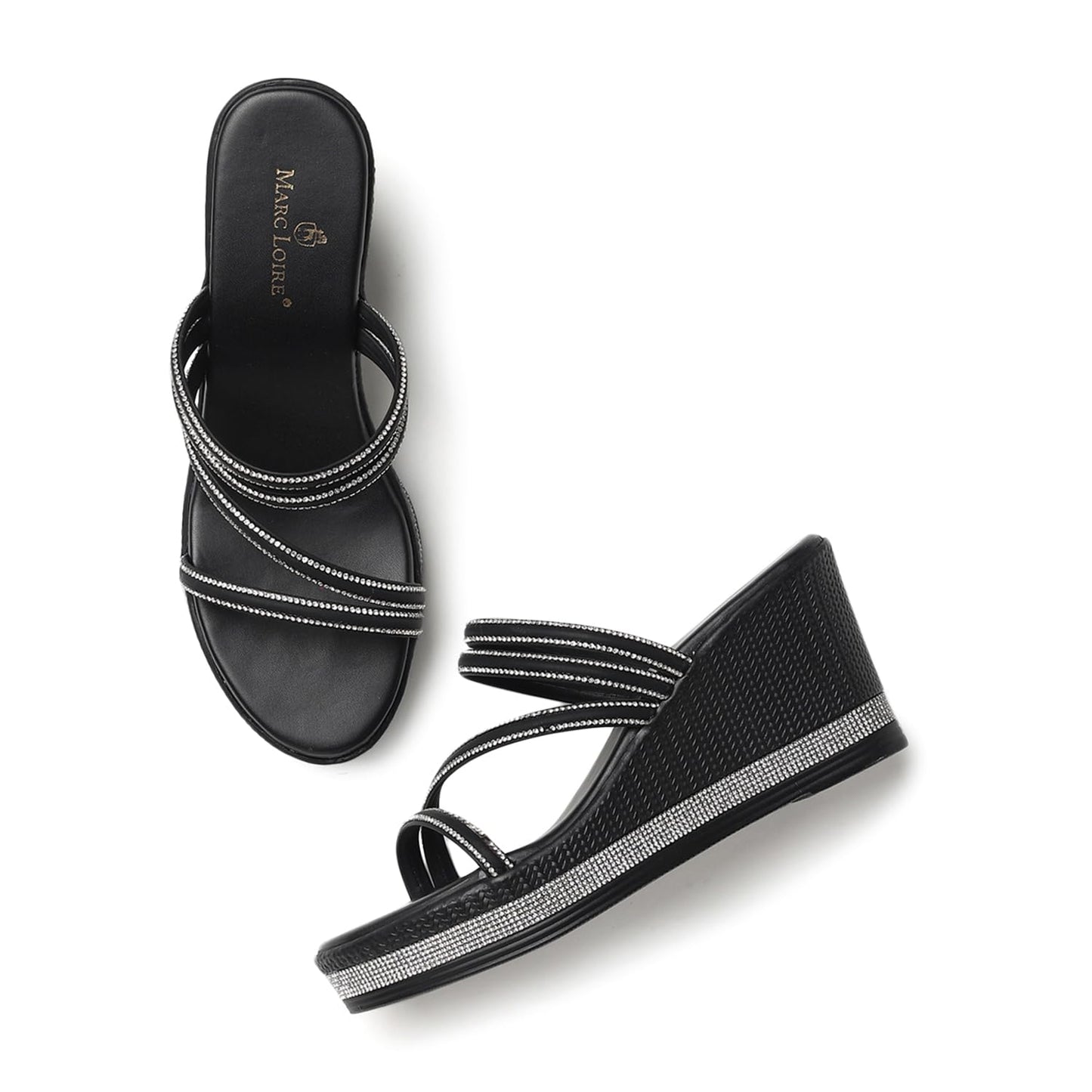 Marc Loire Women Embellished Wedge Heels | Stylish Slip-On Fashion Sandals with Comfortable Sole (Black, UK Footwear Size System, Adult, Women, Numeric, Medium, 5)