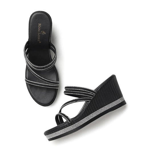 Marc Loire Women Embellished Wedge Heels | Stylish Slip-On Fashion Sandals with Comfortable Sole (Black, UK Footwear Size System, Adult, Women, Numeric, Medium, 5)
