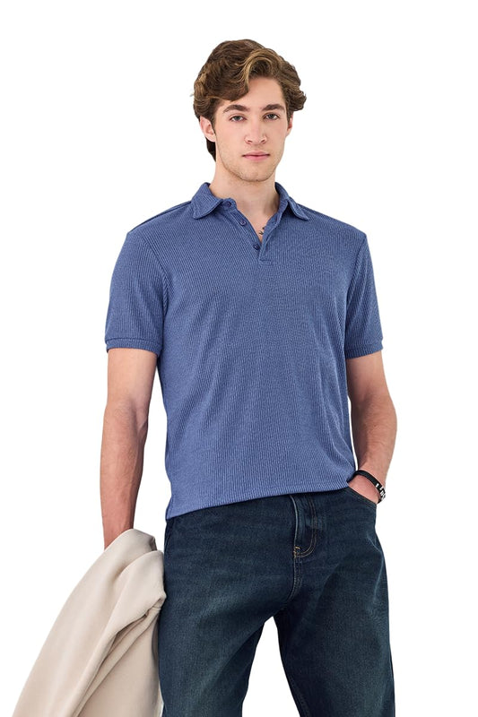 SNITCH Men's T-Shirt | Ribbed Texture Polo Neck & Half Sleeve | Breathable Polyester Blend Stretch Fabric, Regular Fit for Versatile Casual Wear & Everyday Style | Blue