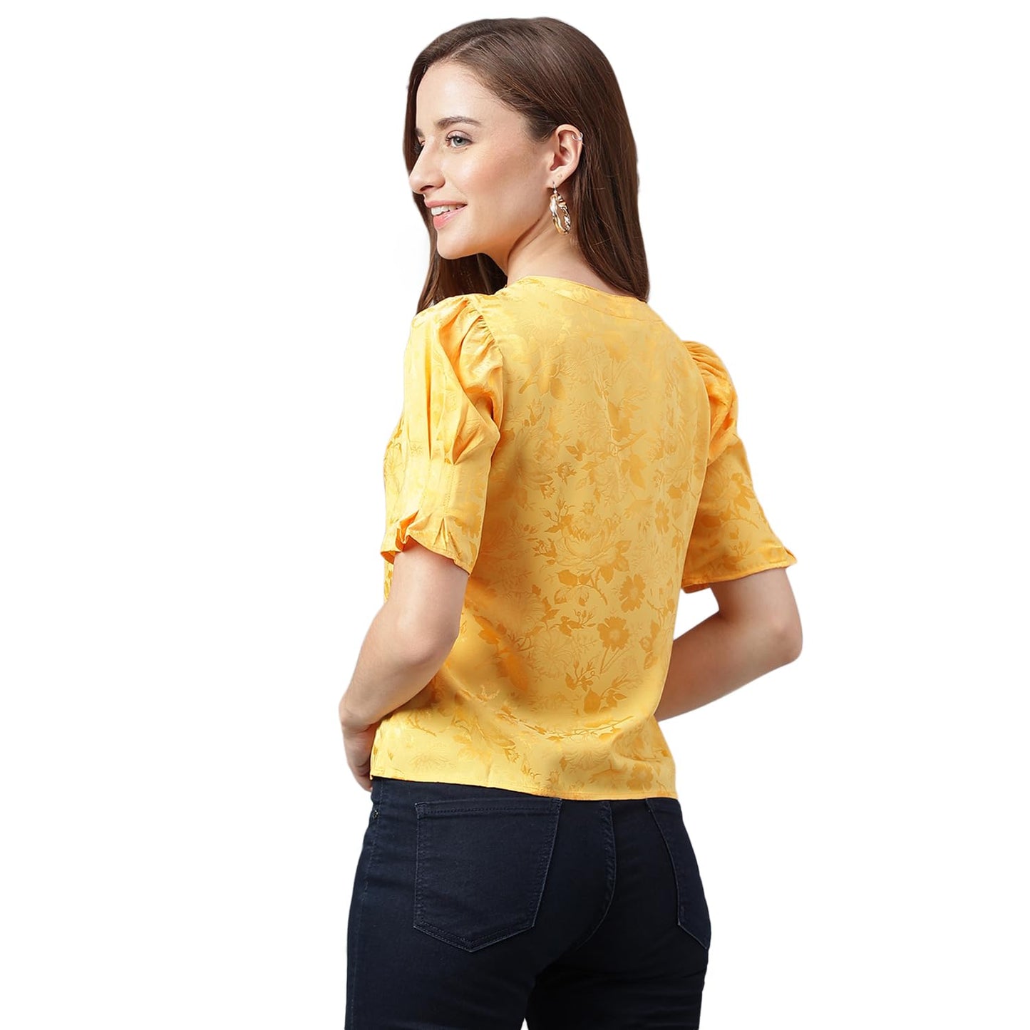 Latin Quarters Casual Puff Sleeves Women V-Neck Yellow Top_S