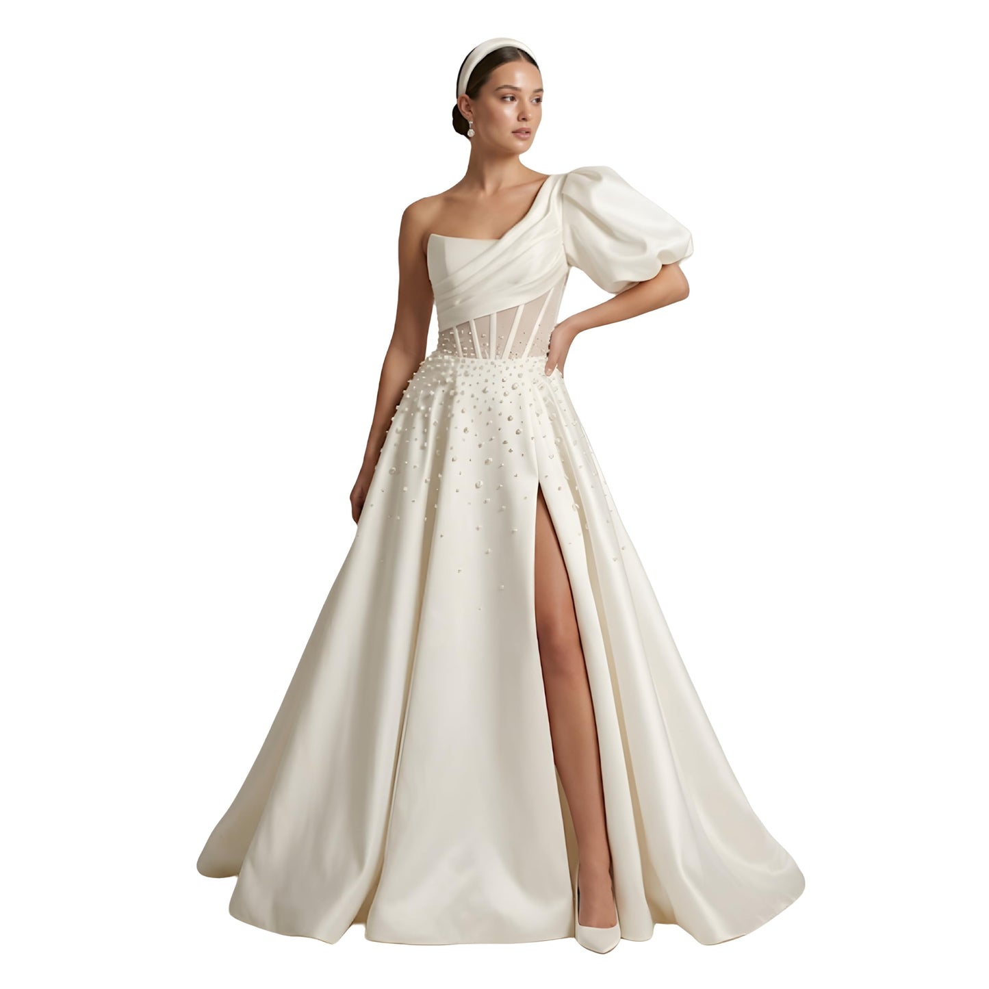ThreadTexture Women's Elegant One Shoulder Puff Sleeve Pearl Embellished Bridal Wedding Gown (in, Alpha, S, Regular, Off White, Designer Shivay)