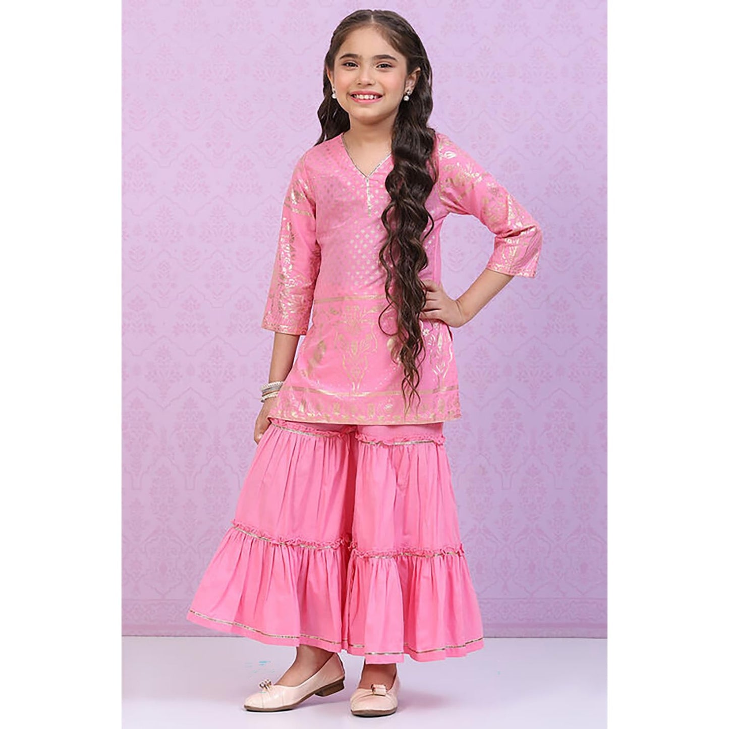 BIBA Girls Cotton A Line Printed Suit Set (KW4931EAW22PNK_Pink