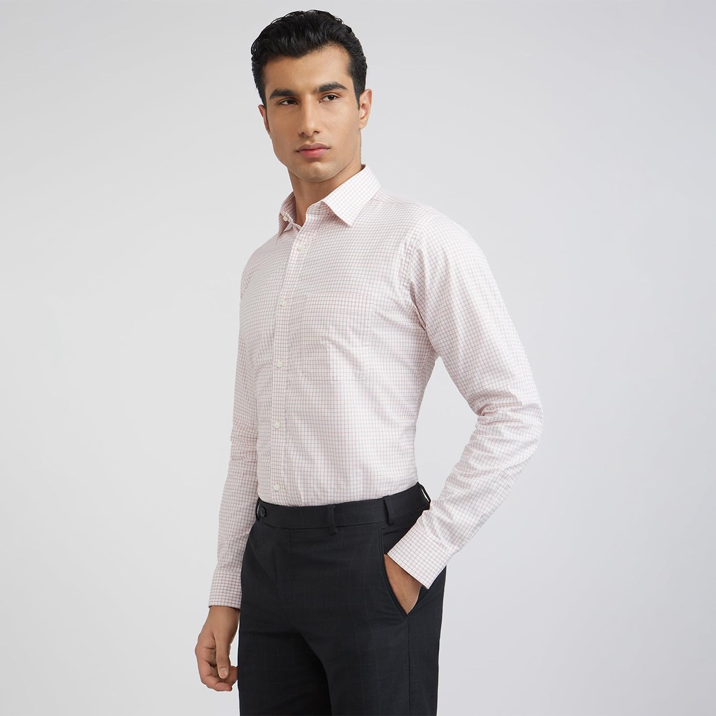 Raymond Men's Slim Fit Structured Formal Shirt - Pure Cotton, Full Sleeve, Semi Cutaway Collar | Light Red
