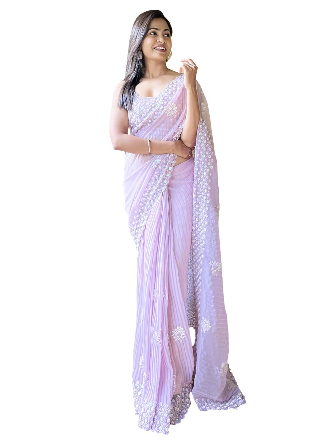 AKHILAM Women's Lavendar Georgette Sequins Embellished Saree with Unstitched Blouse Piece (KESARI4205_KR)