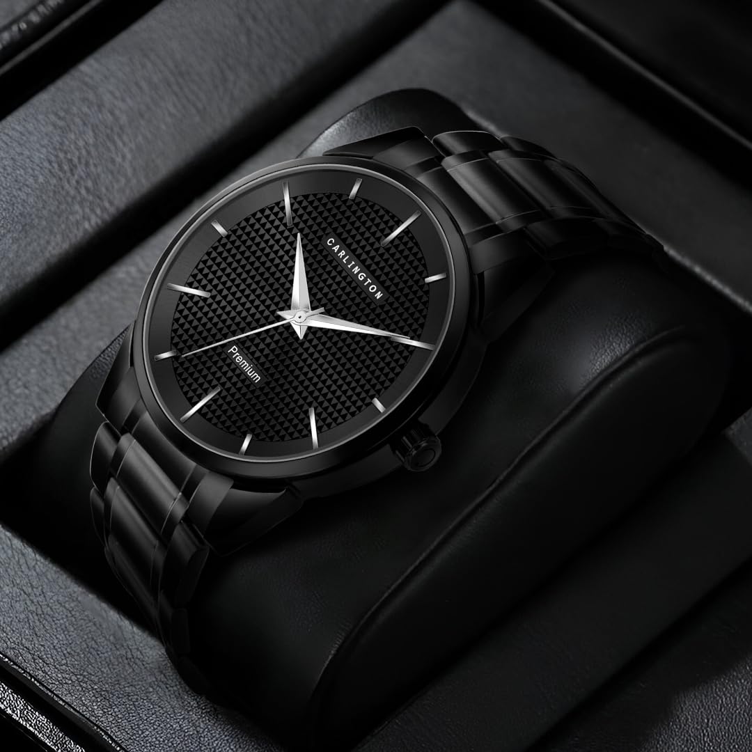 Carlington Stainless Steel Analogue Men Premium Watch, Black Dial, Black Band