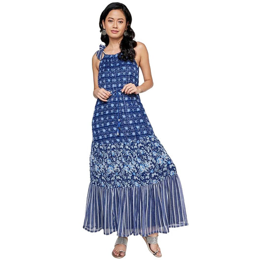 Global Desi Women's Polyester Fit and Flare Long Length Dress (FW22GA793MXLRX_Indigo_XS)