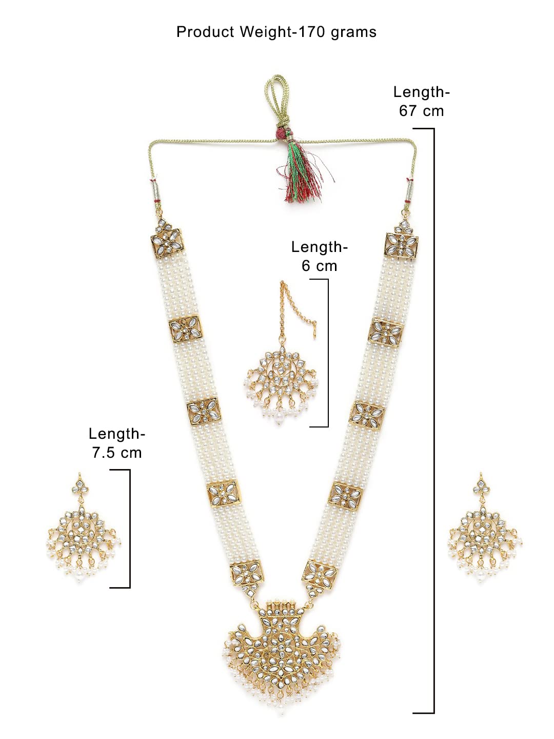 ZAVERI PEARLS Antique Gold Tone Long Kundan & Pearls Bridal Necklace, Earring & Maangtikka Set For Women-ZPFK9802