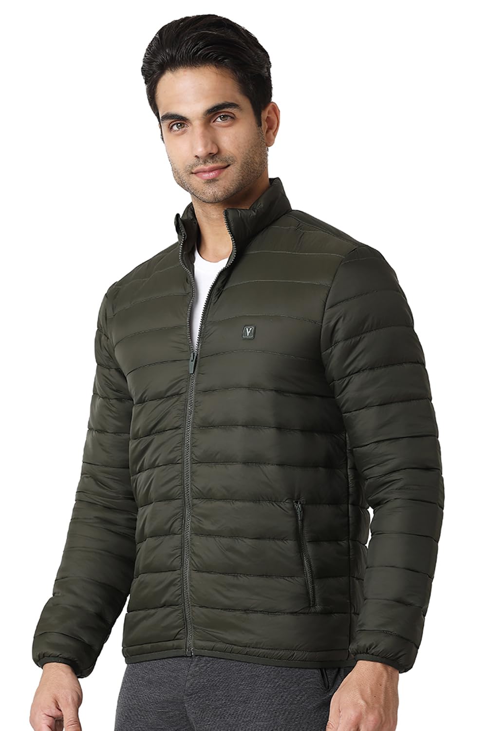 Van Heusen Men Athleisure Extra Warm Woven Long Length Jacket - 100% Nylon - High Neck, Zip Front, Sleeveless_80006_Military Green_M