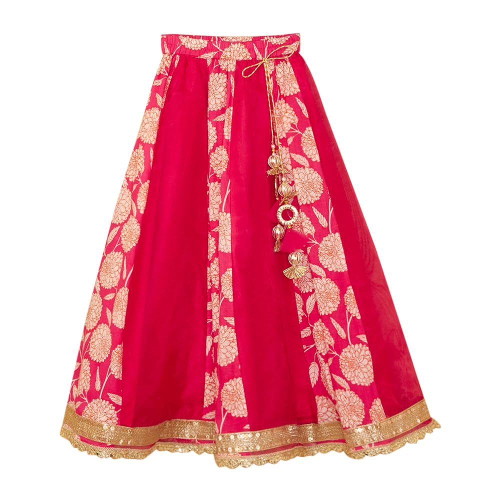 Hopscotch Girls Silk Blend Blouse and Lehenga Ethnic Set with Dupatta Readymade In Red Color For Ages (5-6 Years)
