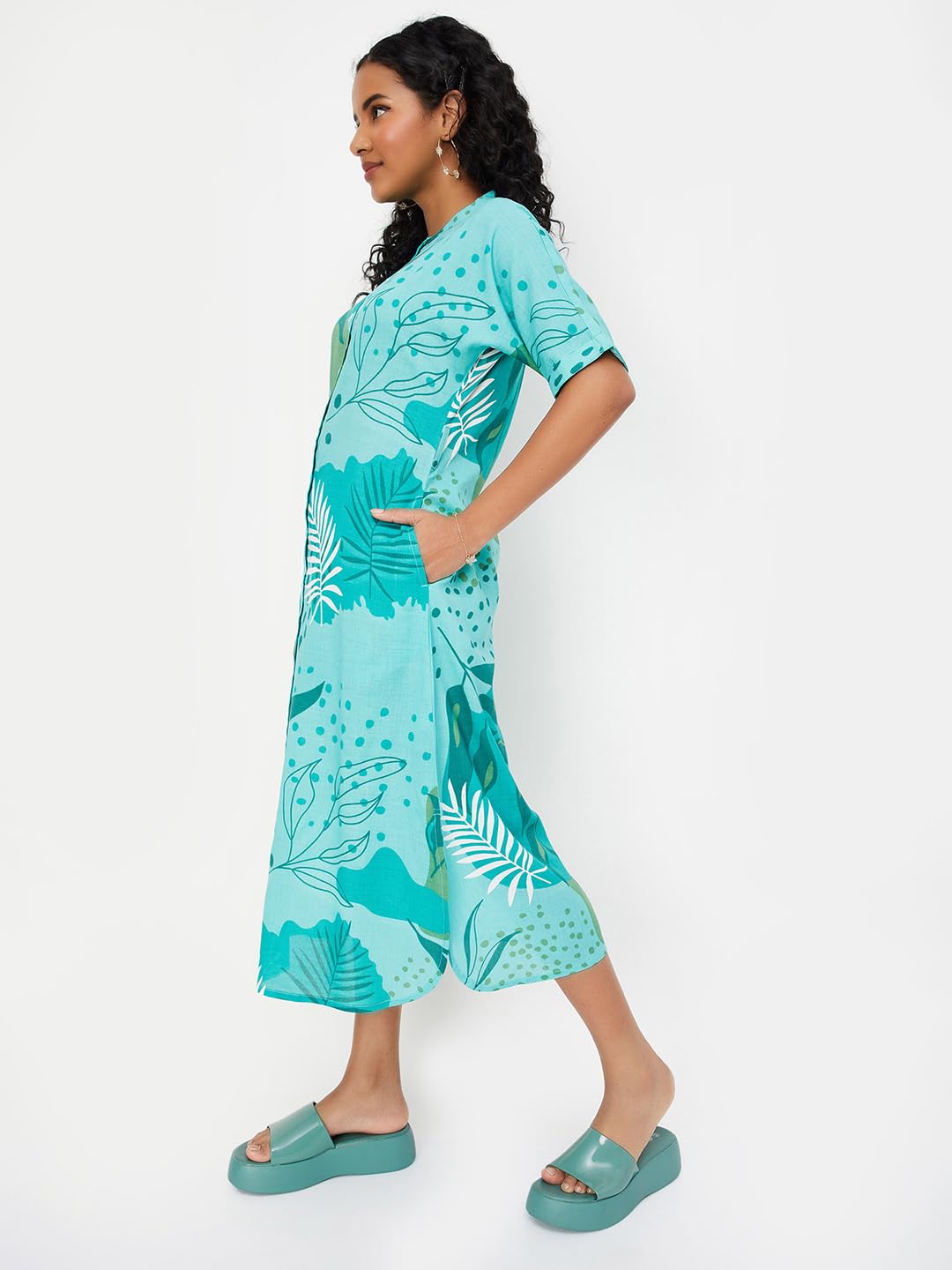 max Women's Rayon A-Line Midi Dress (Blue Teal)