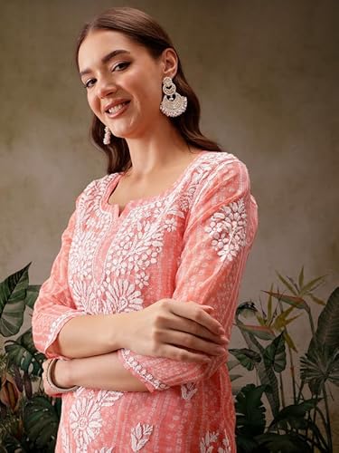Ada Women Cotton Blend Regular Fit Hand Embroidered Lucknowi Chikankari Printed Kota Doria Short Kurti Top Tunic with Slip A911440 Peach (XL)
