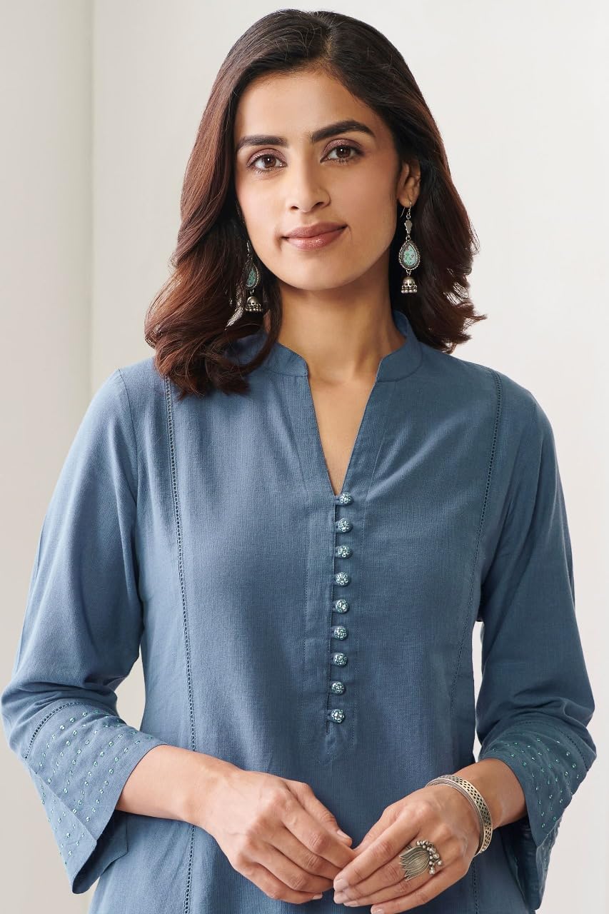 New Chapter Clothing Women's Cotton Kurta Set with Dupatta, Round Neck, Straight Fit, 3/4 Sleeve, Embroidered, Calf Length (Pack of 1) (in, Alpha, XL, Regular, Firoji)