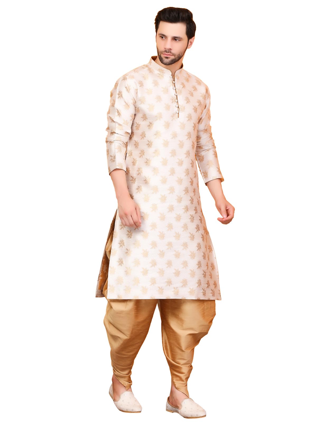 Over Crowd Men New Look Floral Gold Leaves Jacquard Kurta & Salwar Set (Cream & Gold);Size:42, XL