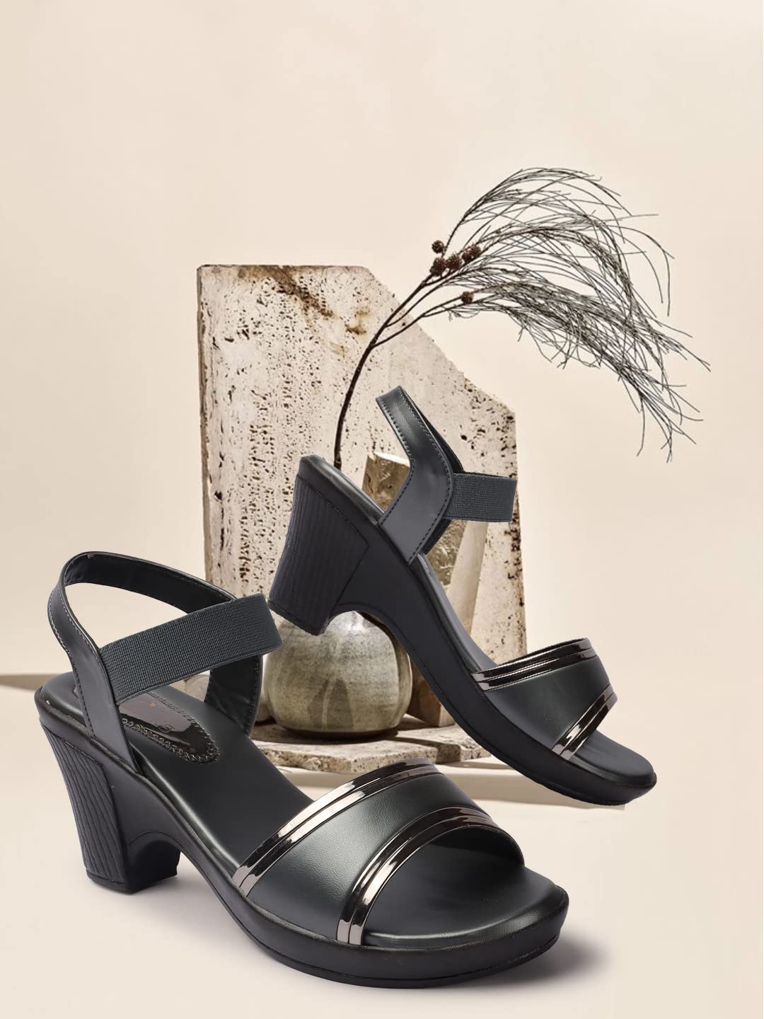 XE Looks Women's Grey Block Heel Sandals | Sleek Open-Toe Design with Elastic Strap | Comfortable and Trendy Heels For Girls & Women