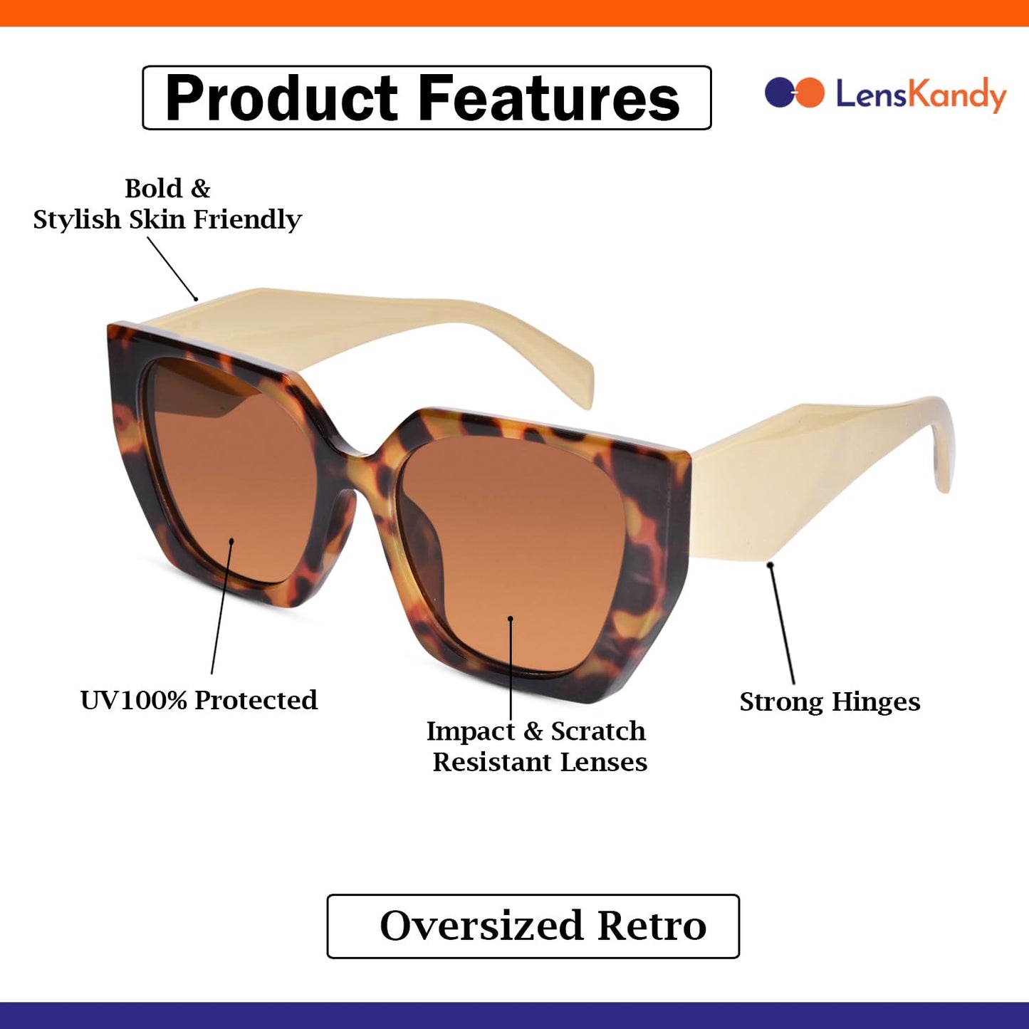 LensKandy Animal print Cateye Black Sunglasses for Women Oversized UV400 Protection | 3967