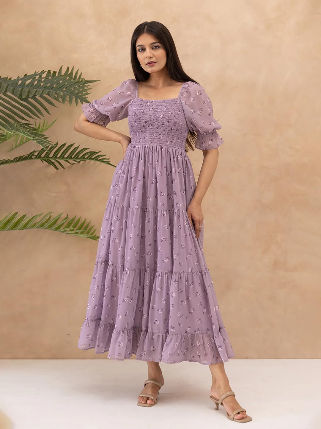 KZULLY | Dress for Women | Midi Length | Flared Hem | Puff Sleeve | Square Neck | Smocked Bodice