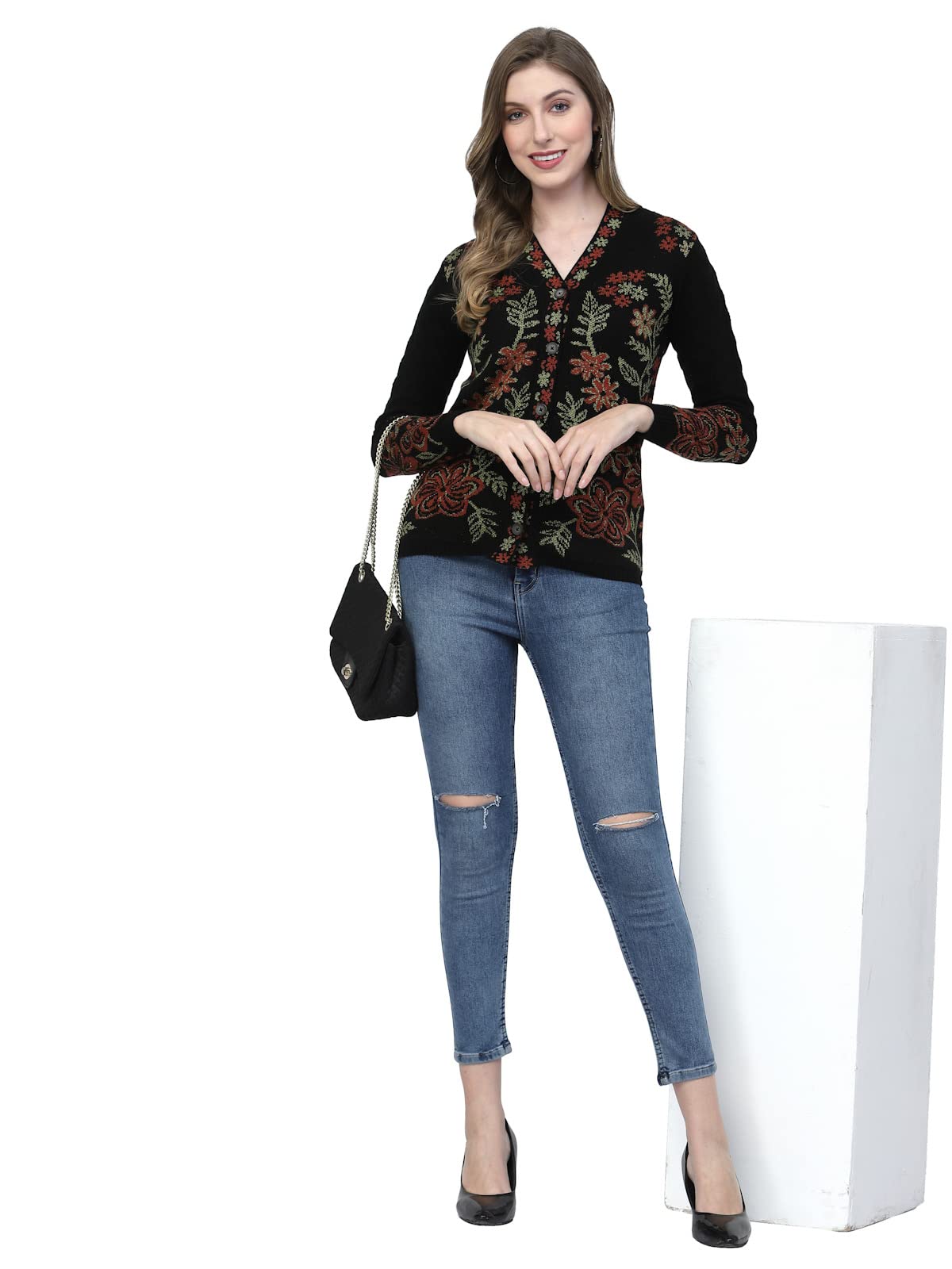 Kalt Women Sweater for Winter Woolen Acrylic Full Sleeves V-Neck Floral Design Cardigan Sweater for Women Winter Woollen Stylish(Black;5XL)