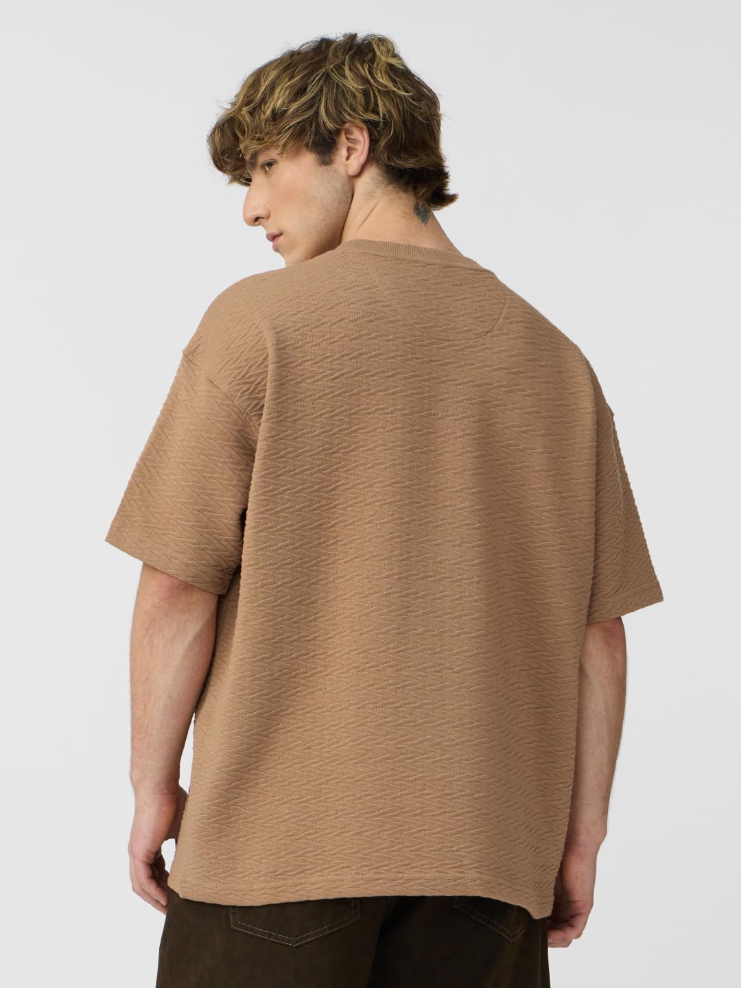 The Souled Store Textured T-Shirt: Sand Men and Boys Short Sleeves Round Neck Solid Cotton Blend Oversized T-Shirts