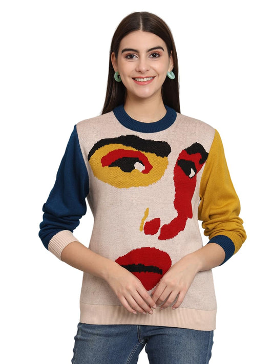 THE DRY STATE Womens Facial Expression Graphic Multicolour Pullover Sweater