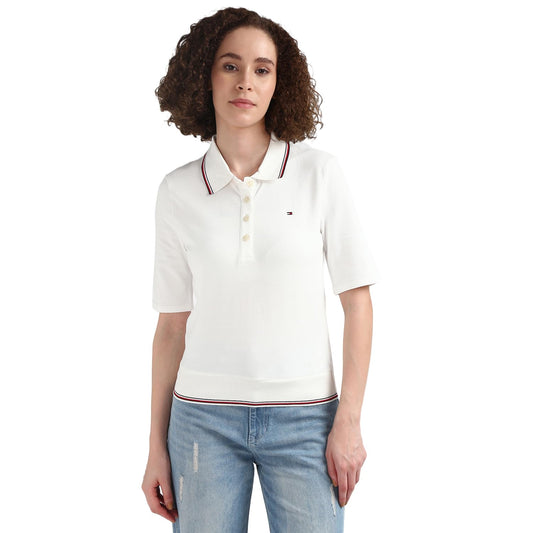 Tommy Hilfiger White Solid Polo Collar Half Sleeve Polo T-Shirt